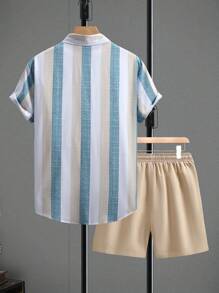Manfinity Homme 2pcs Set Striped Shirt & Solid Color Shorts, Minimalist Casual For Everyday Wear - Multicolor - View 2