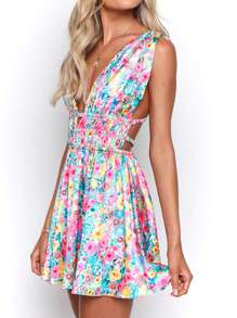 INAWLY 女式夏季度假深 V 领碎花腰部收腰露背连衣裙