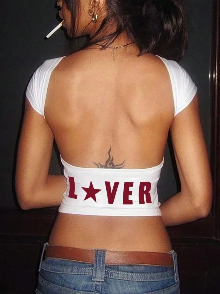INAWLY Women White Short Sleeve Round Neck "LOVER" Print Elastic Waist Backless Fitted T-Shirt