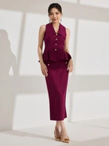 Modelyn Women's Elegant Lady Style Turndown Collar Single Breasted Ruffle Hem Cinched Waist Sleeveless Vest And Midi Bodycon Skirt 2 Pieces Set