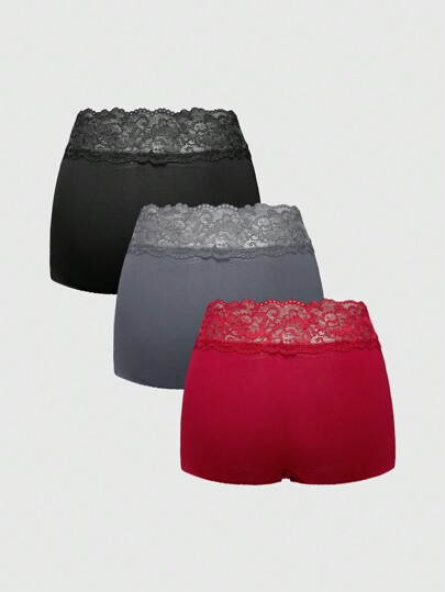 4pcs Pack Basic Knit & Lace Trim Comfortable Bikini Panties