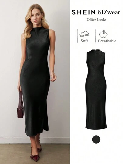 BizChic 黑色缎面垂褶领无袖鱼尾连衣裙，时尚优雅，适合都市通勤、日常穿着，浪漫90年代复古风，也适合圣诞节、新年、情人节、派对、海滩、毕业典礼、时尚盛会、嘉年华、假日、婚礼宾客、早午餐、机场等多种场合。