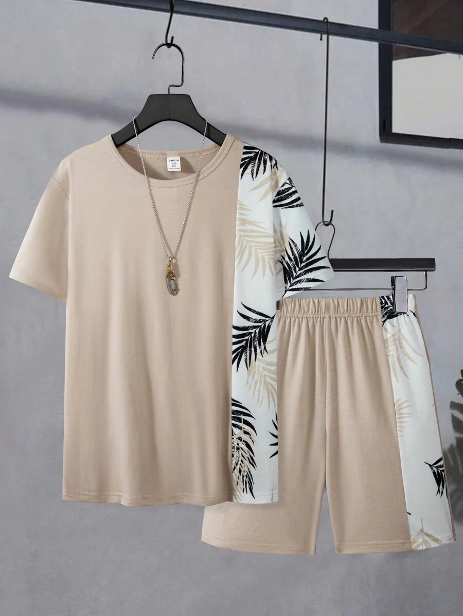 2pcs/Set Tween Boy' Casual Coconut Tree Print Round Neck Short Sleeve T-Shirt And Sports Shorts Set, Beach/Travel Holiday - Khaki - View 1