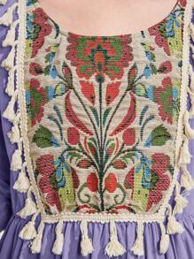 SHEIN Tween Girls' Elegant Ruffled Round Neck Puff Sleeve Asymmetrical Split Hem Dress - Dusty Purple - View 6