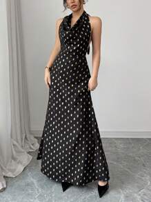 Chiquease Elegant Form-Fitting Draped Neck Tie Backless Hollow Out Side Invisible Zipper A-Line Woven Foil Polka Dot Dress For Women, Spring/Summer