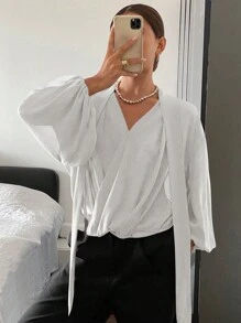 Livesso 优雅女士纯色宽松长袖系带衬衫，轻薄面料，适合春夏季、秋季服装、返校服装 - 白色 - 查看 4