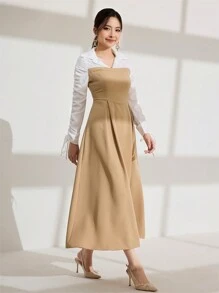 Modelyn Casual Fashion Patchwork Drawstring Waist Dress For Women - Khaki - View 5