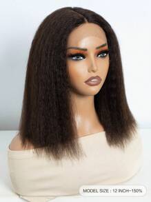 Tóc giả Bob thẳng Kinky Tóc thật trong suốt Ren phía trước Tóc giả uốn xoăn T Part Tóc giả Yaki Bob màu nâu sẫm - S2 - Xem 3