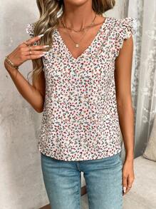 SHEIN Clasi V-Neck Tiny Ditsy Floral Cap Sleeve Casual Shirt, Modern & Chic For Everyday Wear - Apricot - View 7