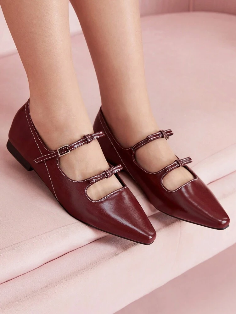 CUCCOO DOLLMOD Women's Cute Butterfly Decor Retro Ballet Burgundy Flat Shoes, Fashion Casual Spring Outdoor Outfit Combination Valentine's Day