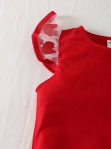 SHEIN 2pcs/Set Young Girl Lush Round Neck Cap Sleeve Cropped Bow Top And High Waist Glitter Heart Tulle Skirt, Valentine's Day Clothes Outfit - Red - View 6