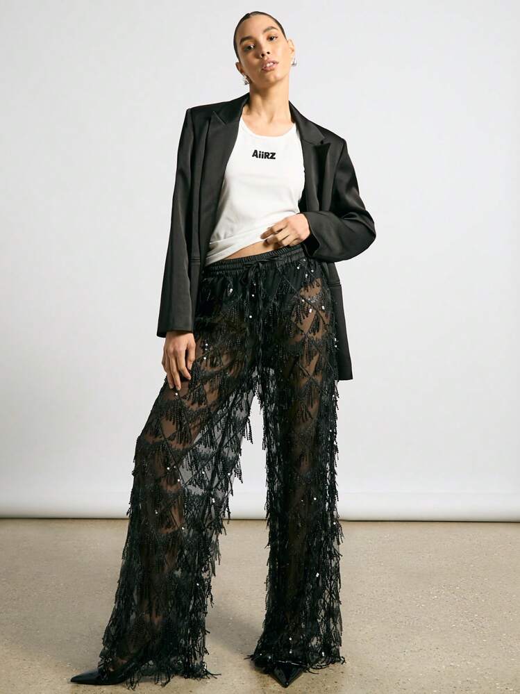 AiiRZ Calça de Perna Larga com Lantejoulas Transparentes, Cintura com Elástico e Cordão, Uso em Festa, Festival, Noite, Ocasiões Especiais, com Detalhes de Franjas - Preto - Visão 2