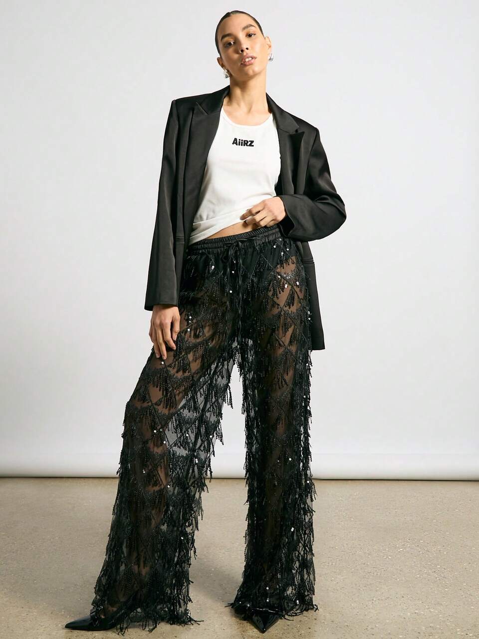 AiiRZ Sheer Sequin Embellished Wide Leg Pants With Elastic Drawstring Waist Party Festival Evening Wear Special Occasion Fringe Detailing
