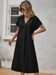 SHEIN LUNE Women V-Neck Solid Color Straight Casual Short Sleeve Dress