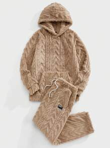 Manfinity VCAY 2pcs Men's Loose Raglan Hooded Fleece Sweatsuit, Warm & Cozy For Autumn/Winter - Khaki - View 3