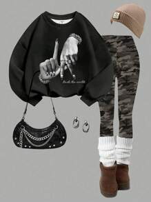 2pcs/Set Teen Girls Casual LA Hand Gesture & Camouflage Print Fleece Lined Crew Neck Sweatshirt And Leggings Set