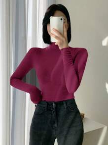 DAZY 女式高领修身基本款 T 恤，纯色简约时尚休闲日常穿着长袖女式上衣，秋季女装