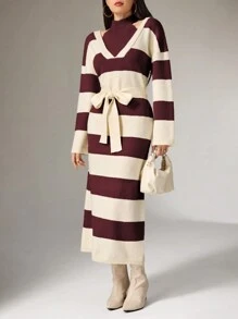 Mulvari 女式条纹落肩长袖休闲毛衣连衣裙 - 酒紅色 - 查看 4