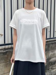 FRIFUL Women's Round Neck Loose Letter Print Short Sleeve Casual T-Shirt Long Sleeve Women Tops - White - View 4