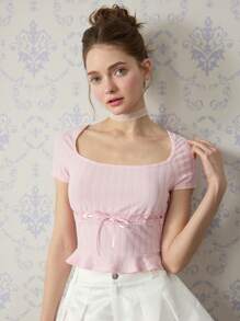 SHEIN MOD Pink Short-Sleeved Cute T-Shirt With Drawstring On The Front, Cute T-Shirt, Valentine's Day T-Shirt, Going Out T-Shirt, Summer T-Shirt