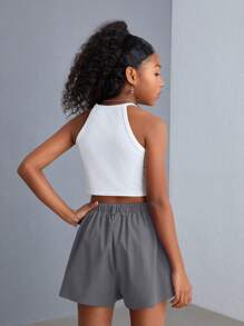 SHEIN Tween Girls Cool Street Style Knit Cami Top And Straight Leg Shorts Set - Grey - View 2
