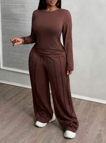 Slaydiva Bộ đồ nữ 2 món: Quần thể thao ống đứng màu nâu có dây rút + Áo thun dài tay cổ bẻ màu trơn, thích hợp cho mùa Thu/Đông. - màu nâu - Xem 4