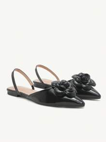 CUCCOO CHICEST Black Camellia Pointed Toe Flats, Cute & Elegant For Casual, Holiday, Party, Valentine's Day, Wedding, Banquet Spring Shoes Spring Break Easter - Black - View 3