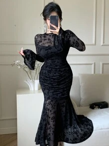 DAZY Vestido elegante de manga campana con estampado floral de longitud media para mujer, elegante, con volantes, vestido de manga larga para otoño - Negro - Ver 5