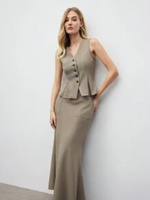 BizChic Set de 2 piezas Traje de chaleco y falda color caqui para mujeres, para usar en negocios/fiestas/citas, Primavera y Verano, Día de San Valentín - Caqui - Ver 4