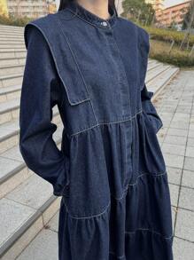 FRIFUL Vestido Denim Longo Casual Multicamadas Feminino, Roupas de Outono - Lavagem escura - Visão 6