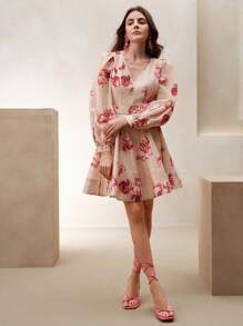 Anewsta Spring/Summer New French Style Lantern Sleeve V-Neck Floral Print A-Line Mini Dress With Belt - Multicolor - View 6