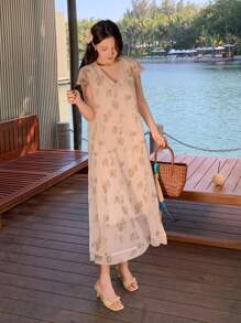 DAZY Plant Print A-Line Mini Dress With V-Neck And Flared Hem, Casual Vacation Style - Beige - View 6