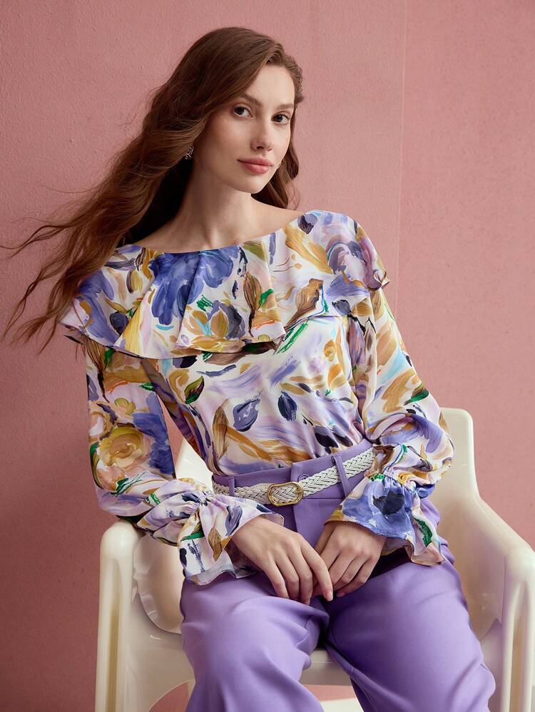 FLORAL PRINT RUFFLE TRIM BLOUSE