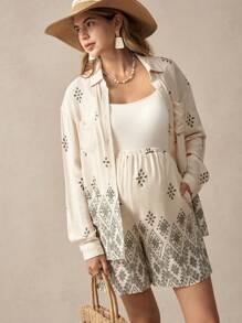 SHEIN Maternity Drop Shoulder Long Sleeve Button-Up Shirt And Adjustable Waist Straight Leg Shorts 2 Pieces Set - Blue and White - View 7