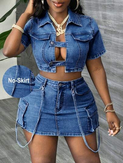 Slaydiva 女士牛仔上衣性感紧身短袖蓝色秋季女士短款夹克