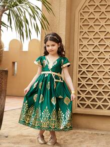 SHEIN Vestido largo maxi de niñas jóvenes de color verde oscuro estilo abaya kaftan jalabiya con patrón de decoración de oro, incluye 1 bolso, cinta de borde dorado, mangas cortas, cuello con bordado floral, apropiado para fiestas, exteriores y ceremonias. Vestido tradicional para el Ramadán y el Día Nacional del Ramadán.