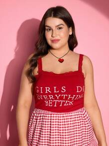 SHEIN MOD 大码女式蕾丝拼接宽肩带字母印花极简主义上衣，红色可爱蕾丝拼接字母上衣，紧身款，新年上衣，外出上衣