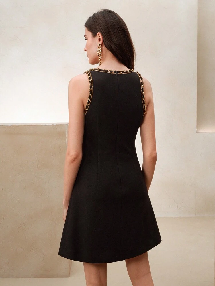 French Elegant High-End Embellished Gold Sequin Beaded Sleeveless Dress