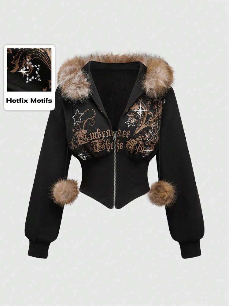 ROMWE Grunge Punk sweat-shirt à capuche col imprimé léopard rétro sous-culture Y2K, reconstruit avec un imprimé vigne décoré pour les femmes