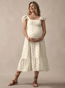 Boho Mama 孕妇休闲方领盖袖波点印花中长连衣裙孕妇装 - 杏色 - 查看 7
