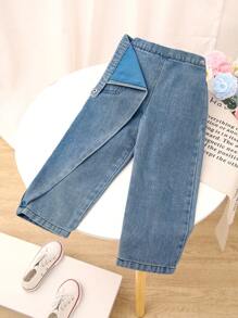 SHEIN Vintaside Kids 年轻女孩蓝色水洗宽松直筒牛仔裤，前围闭合设计，休闲时尚，适合日常穿着 - 淺色水洗藍 - 查看 6