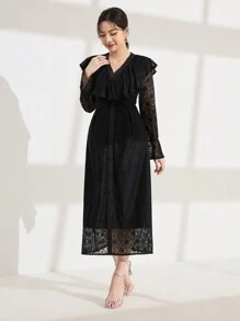 Modelyn Women's Elegant Lace V-Neck Patchwork Ruffle Flare Sleeve Waisted A-Line Long Dress - Black - View 6