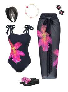 Swim Oasis 女士夏季海滩度假花卉印花连体泳衣（带罩衫） - 彩色 - 查看 1