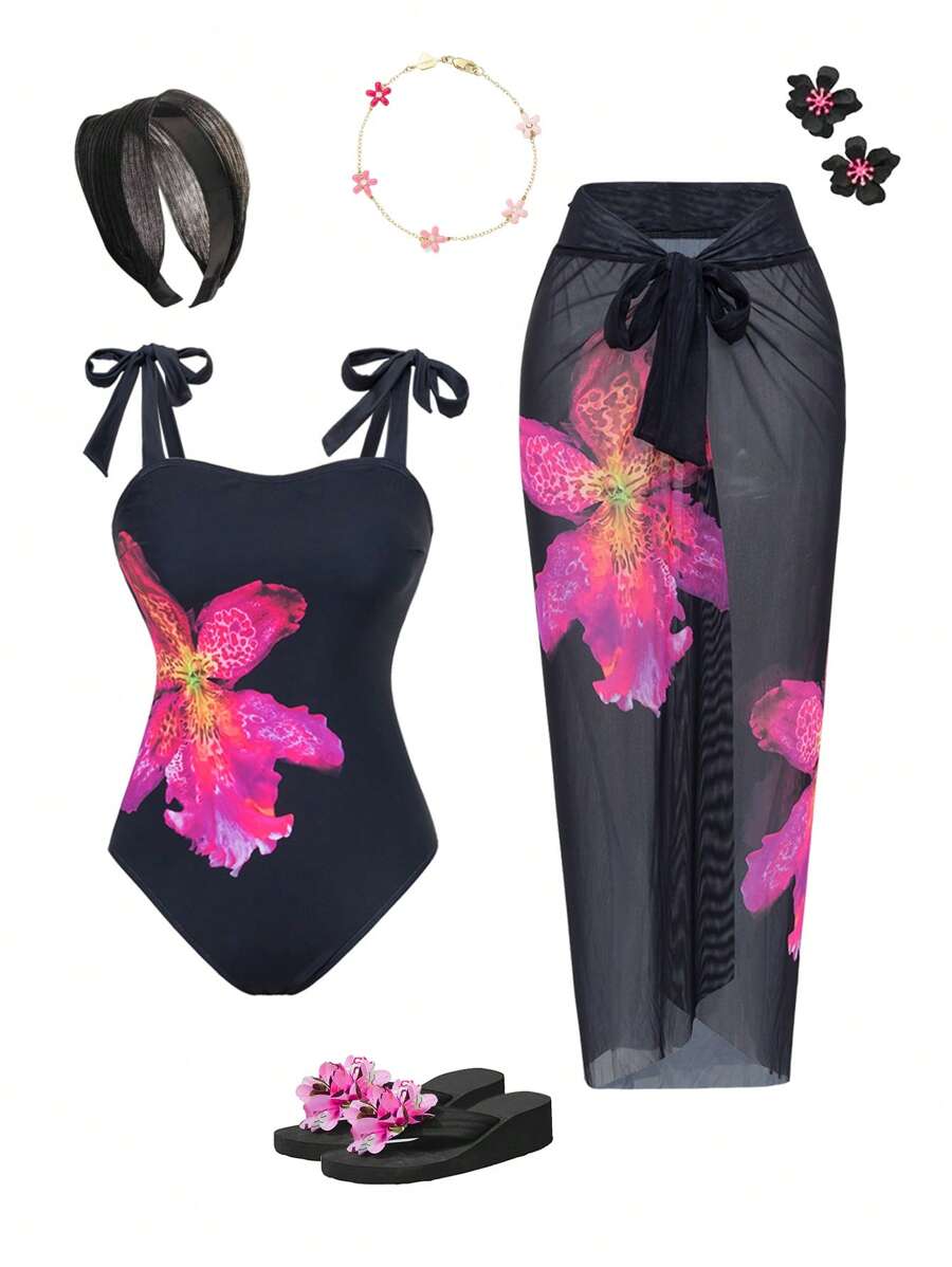 Swim Oasis 女士夏季海滩度假花卉印花连体泳衣（带罩衫） - 彩色 - 查看 1