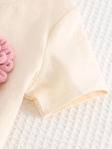 Cozy Pixies 女婴可爱心形泡泡针柔软针织圆领短袖套头衫，女孩情人节装扮，情人节礼物，适合休闲、居家、百搭穿着，室内和室外 - 杏色 - 查看 5