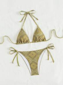 SHEIN Swim 2pcs/Set Floral & Leopard Print Sexy Bandage Bikini Swimwear For Women, For Summer Beach Vacation