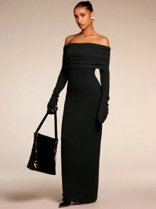 SHEIN BAE Đầm dài tay trễ vai màu trơn đơn sắc cho nữ, trang phục dự tiệc cho nữ, váy năm mới cho nữ, quần áo giáng sinh cho nữ - màu đen - Xem 6