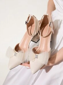 CUCCOO CHICEST Women Apricot Color Bow Decor Thick Heel High Heel Pumps, Cute & Elegant For Commute, Dates, Weddings, Office And Formal Occasions - Apricot - View 1