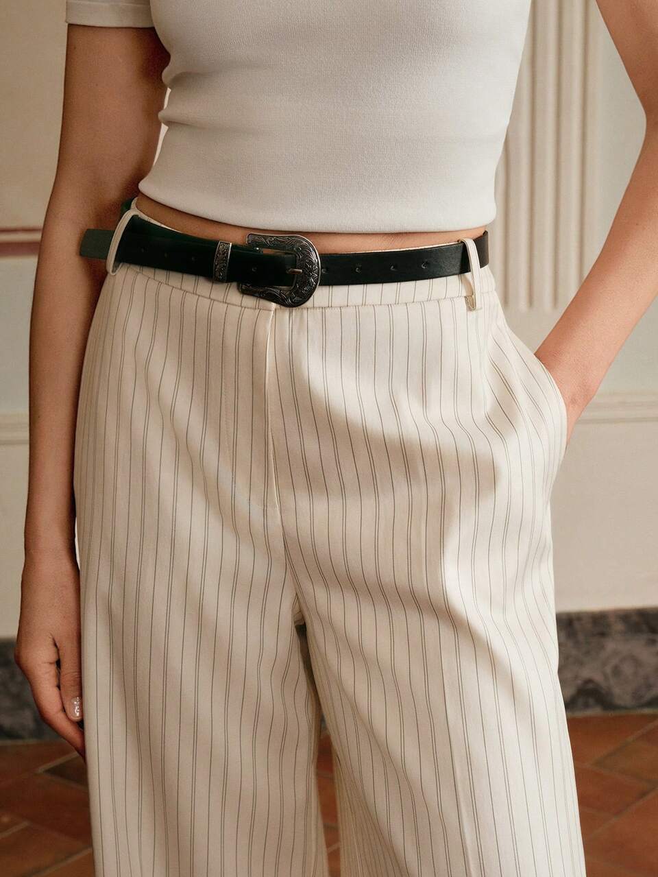 Anewsta Elaire Casual Slouchy Striped Pants Slim Drape Suit Trousers Old Money