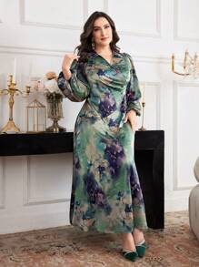 Modelyn Plus Size Women Tie-Dye Print Collar Lantern Sleeve Elegant Dress - Multicolor - View 1